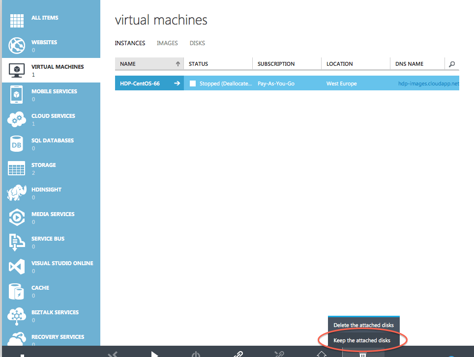 Delete Instance and Keep Disk - Azure
