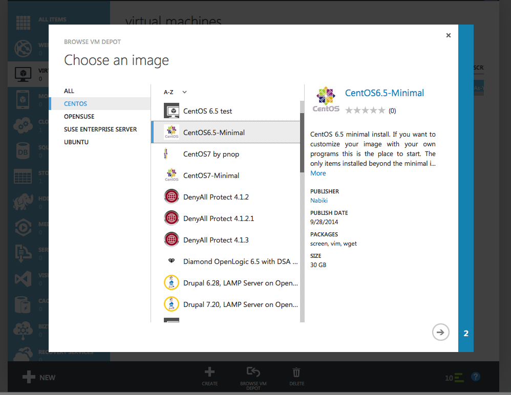 Choosing CentOS Mini from VM Depot